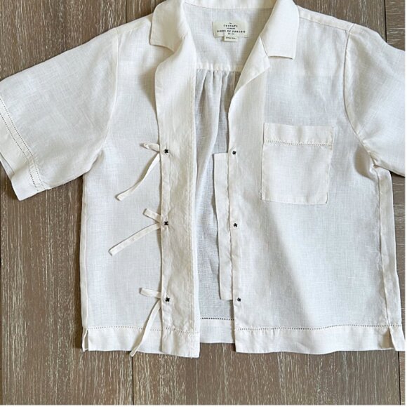 Trovata Birds of Paradis Linen Bow Tie Front Shirt Ivory XS Luxury Resort Blouse - Picture 7 of 11